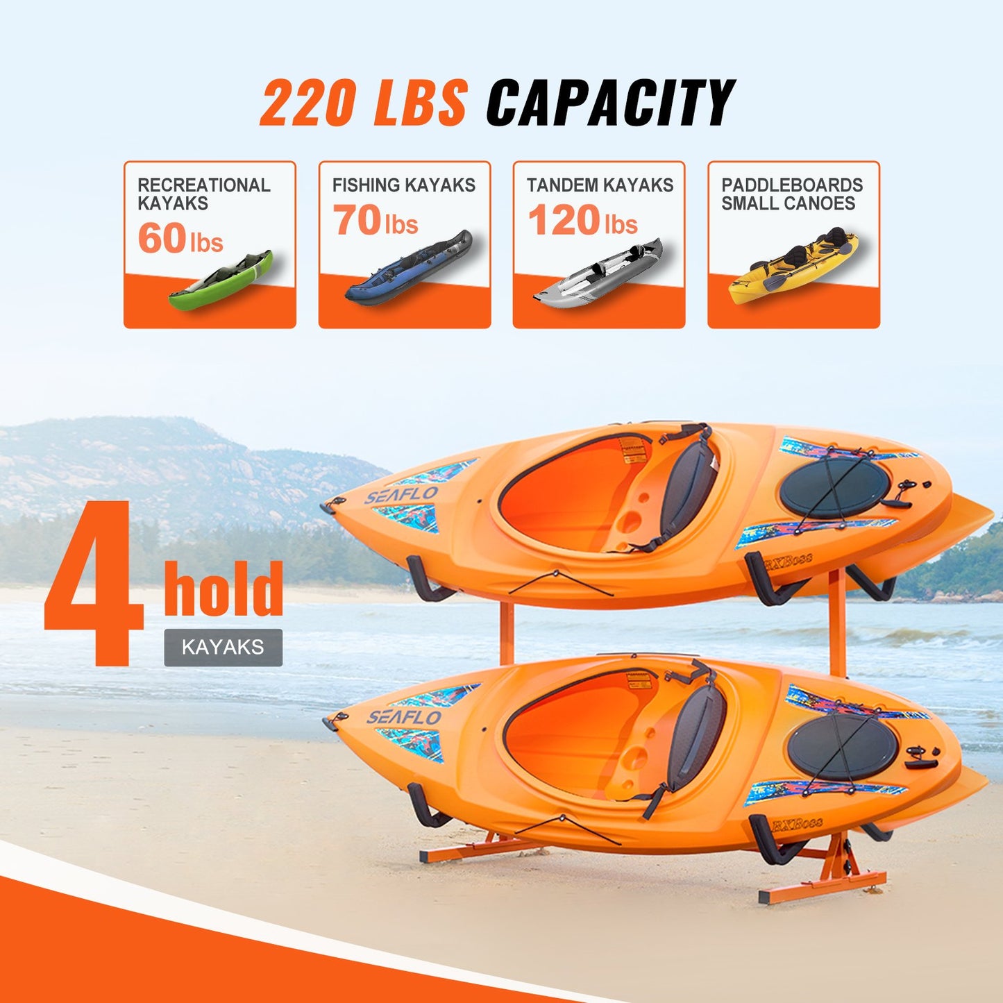 VEVOR Freestanding Kayak Storage Rack, Kayak Stand for 4 Kayak Canoe Paddleboard, Heavy-duty Steel Kayak Hanger Holder with Padded Arms and Adjustable Width, 100 kg Max Load, for Indoor Outdoor Garage