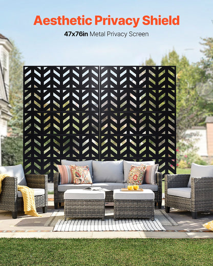 Metal Privacy Screen, 47" W x 72" H, Outdoor Privacy Screens 5-Panel, Freestanding Outdoor Divider with Stand, Decorative Garden Steel Privacy Fence for Balcony Patio Indoor Room Black
