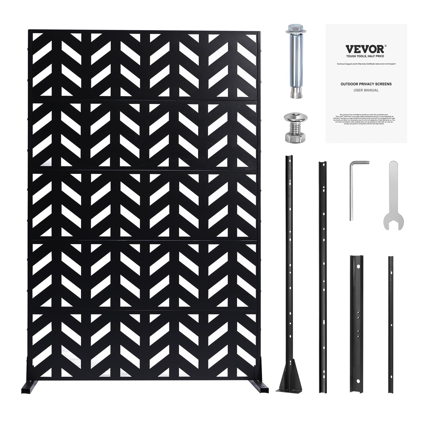 Metal Privacy Screen, 47" W x 72" H, Outdoor Privacy Screens 5-Panel, Freestanding Outdoor Divider with Stand, Decorative Garden Steel Privacy Fence for Balcony Patio Indoor Room Black