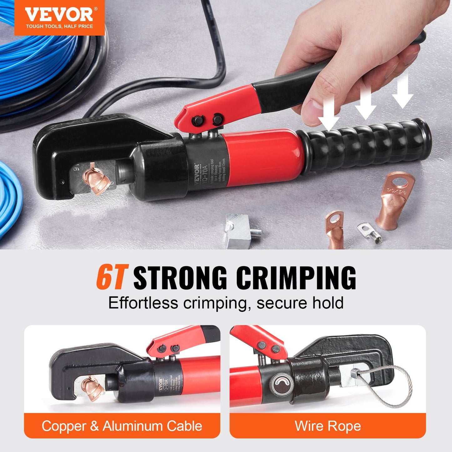 VEVOR Hydraulic Crimping Tool with 9 Sets of  Dies AWG12-2/0 Copper And Aluminum Terminal Battery Lug Crimper, with a Cutting Pliers, Gloves, 5pcs Copper Ring Connectors, 8pcs Heat Shrink Sleeves