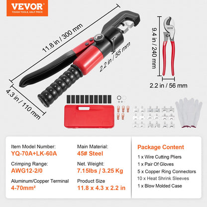 VEVOR Hydraulic Crimping Tool with 9 Sets of  Dies AWG12-2/0 Copper And Aluminum Terminal Battery Lug Crimper, with a Cutting Pliers, Gloves, 5pcs Copper Ring Connectors, 8pcs Heat Shrink Sleeves