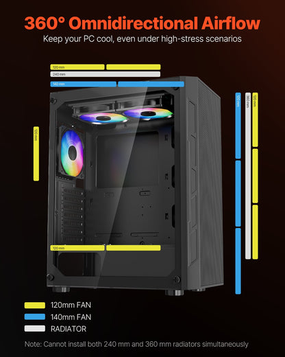 VEVOR Mid-Tower ATX PC Gaming Case Computer Case Box with 3 x 120 mm ARGB Fans