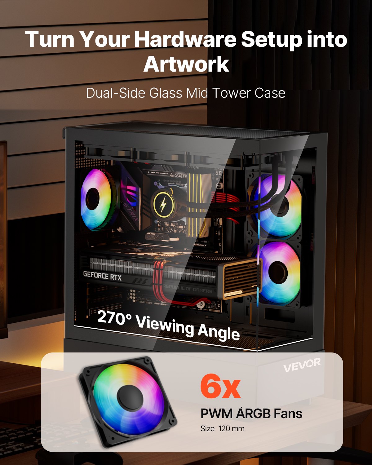 VEVOR Mid-Tower ATX PC Gaming Case Computer Case with 6 x 120 mm PWM ARGB Fans