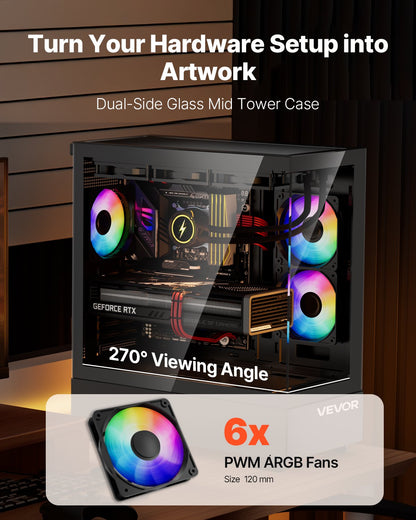 VEVOR Mid-Tower ATX PC Gaming Case Computer Case with 6 x 120 mm PWM ARGB Fans