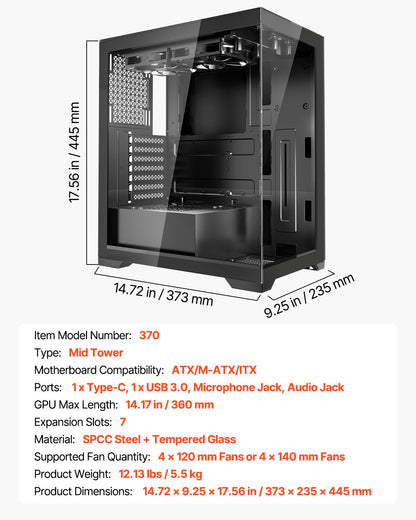 VEVOR PC Gaming Case Mid-Tower Computer Case with 2 Fans for ATX Motherboard