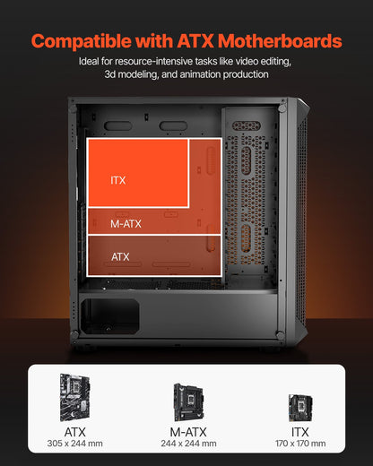 VEVOR PC Gaming Case, Mid-Tower, Computer Case with High-Airflow Tempered Glass Panel, Dust Filter, 4 x 120 mm Fans, Cable Management, for GPU up to 270 mm in Length, Compatible with ATX/M-ATX/ITX