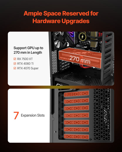 VEVOR PC Gaming Case, Mid-Tower, Computer Case with High-Airflow Tempered Glass Panel, Dust Filter, 4 x 120 mm Fans, Cable Management, for GPU up to 270 mm in Length, Compatible with ATX/M-ATX/ITX