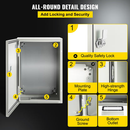 VEVOR NEMA Steel Enclosure ,12 x 8 x 6\'\' NEMA 4X Steel Electrical Box, IP66 Waterproof & Dustproof, Outdoor/Indoor Electrical Junction Box, with Mounting Plate