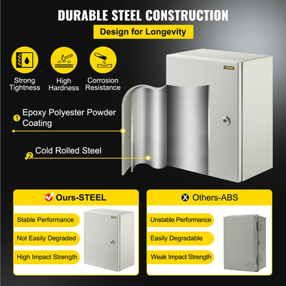 VEVOR Steel Electrical Box 16'' x 12'' x 8'' Electrical Enclosure Box, Carbon Steel Hinged Junction Box, IP65 Weatherproof Metal Box Wall-Mounted Electronic Equipment Enclosure Box with Mounting Plate