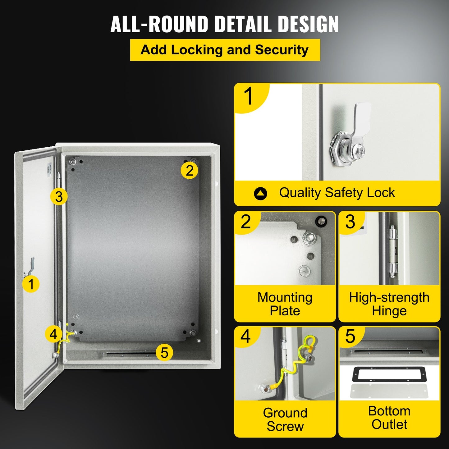 VEVOR Steel Electrical Box 16'' x 12'' x 8'' Electrical Enclosure Box, Carbon Steel Hinged Junction Box, IP65 Weatherproof Metal Box Wall-Mounted Electronic Equipment Enclosure Box with Mounting Plate
