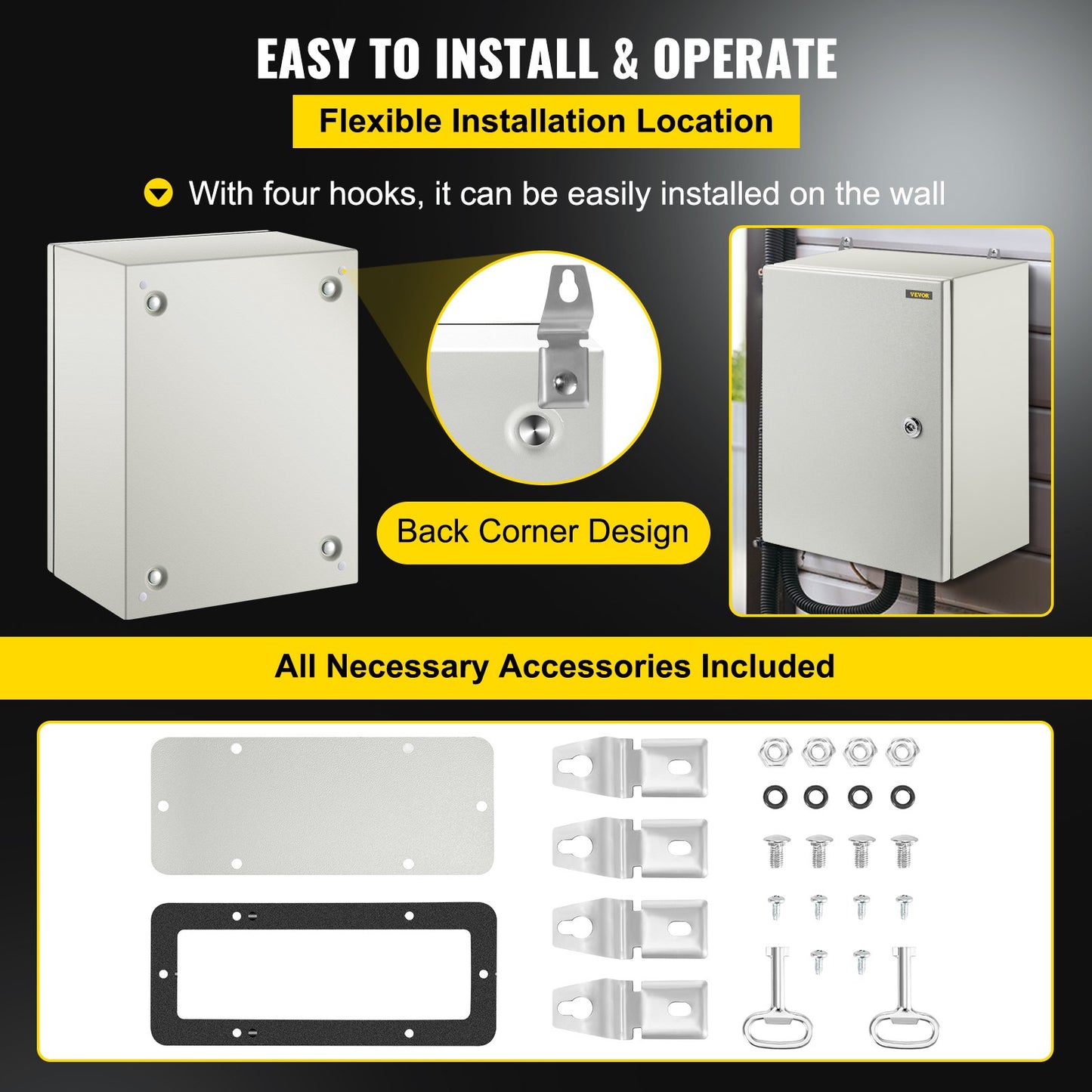 VEVOR Steel Electrical Box 16'' x 12'' x 8'' Electrical Enclosure Box, Carbon Steel Hinged Junction Box, IP65 Weatherproof Metal Box Wall-Mounted Electronic Equipment Enclosure Box with Mounting Plate