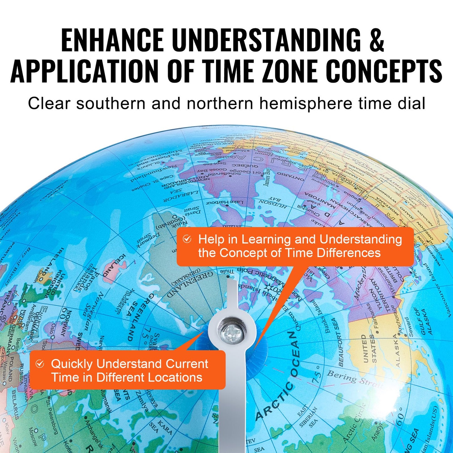 VEVOR Rotating World Globe with Stand, 203.2 mm, Educational Geographic Globe with Precise Time Zone ABS Material, 360° Spinning Globe for Kids Children Learning Classroom Geography Education