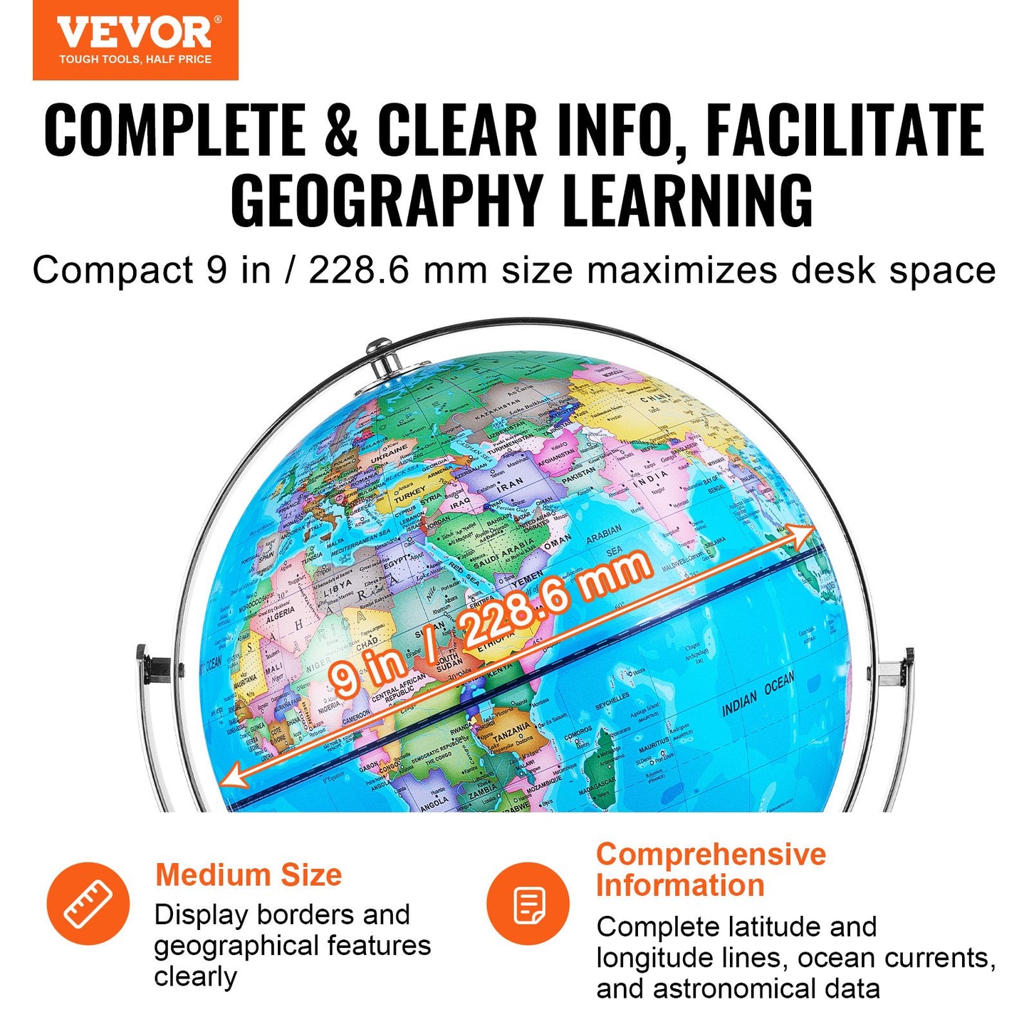 VEVOR Illuminated World Globe with Stand, 228.6 mm, Educational Earth Globe with Stable Heavy Metal Base and LED Constellation Night Light HD Printed Map, Spinning for Kids Classroom Learning