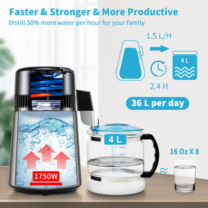VEVOR 4L Water Distiller 1.5L/H Distilled Water Maker Timing Dual-Temp Silver