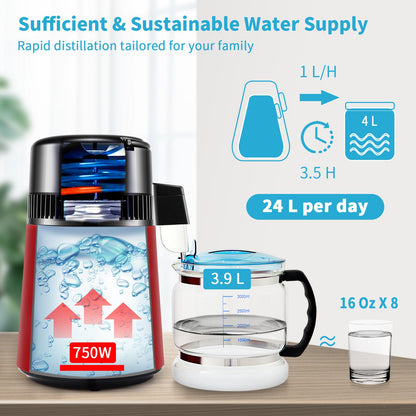 VEVOR 4L Water Distiller Distilled Water Maker 1 L/H w/ Timing Dual Temp Red
