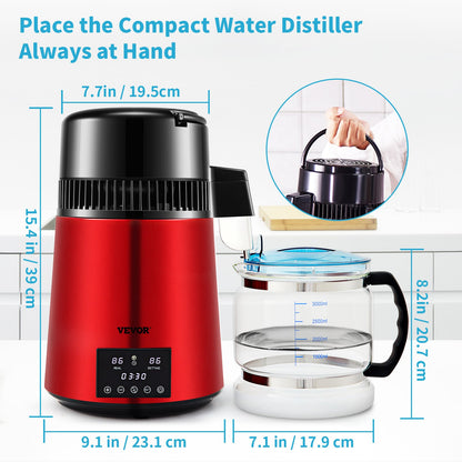 VEVOR 4L Water Distiller Distilled Water Maker 1 L/H w/ Timing Dual Temp Red