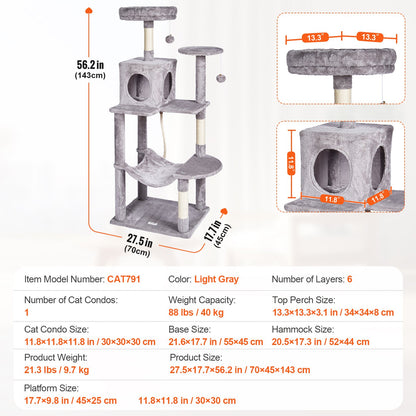 VEVOR Cat Tree 143 cm Cat Tower with Cat Condo Sisal Scratching Post Light Grey