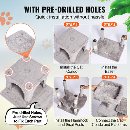 VEVOR Cat Tree 160 cm Cat Tower with 2 Cat Condos Scratching Post Light Grey