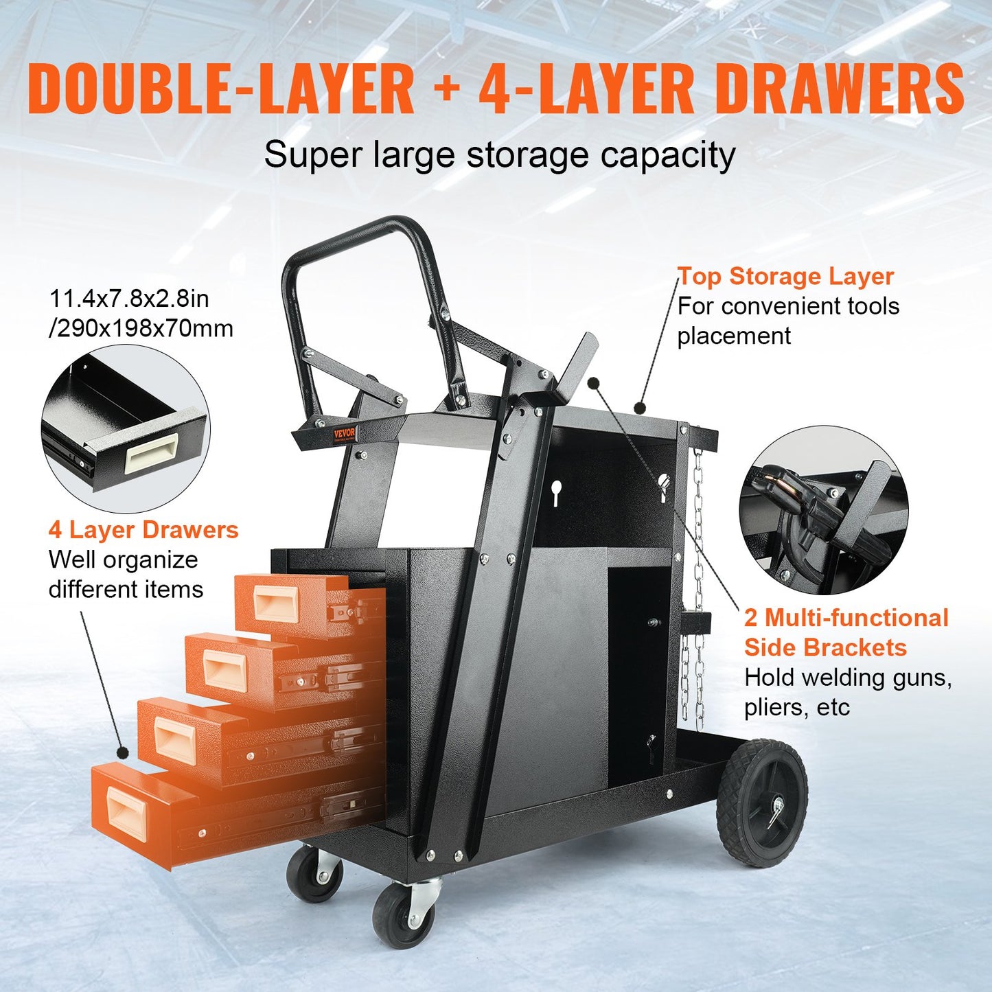 VEVOR Welding Cart, 2-Tier 4 Drawers Welder Cart with 265 LBS Weight Capacity, Swivel Wheels, Tank Storage Safety Chains, Heavy Duty Rolling MIG Welder Cart for Mig Welder and Plasma Cutter