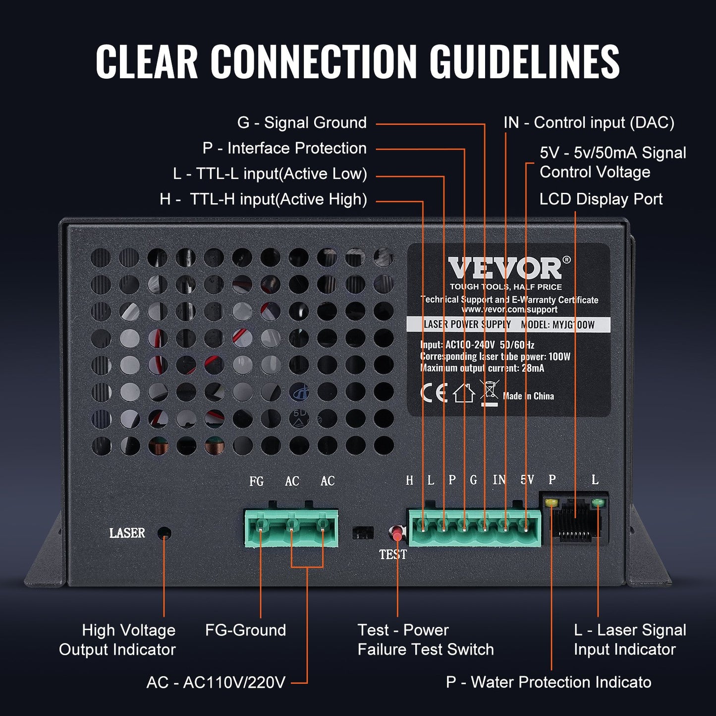 VEVOR CO2 Laser Power Supply, 100W, Power Supply for 100W Laser Tube, Constant Current Protection, Open Circuit Protection, Fast Heat Dissipation, Compatible for Multi-brand Laser Engravers & Cutters