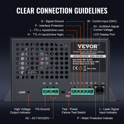 VEVOR CO2 Laser Power Supply, 100W, Power Supply for 100W Laser Tube, Constant Current Protection, Open Circuit Protection, Fast Heat Dissipation, Compatible for Multi-brand Laser Engravers & Cutters