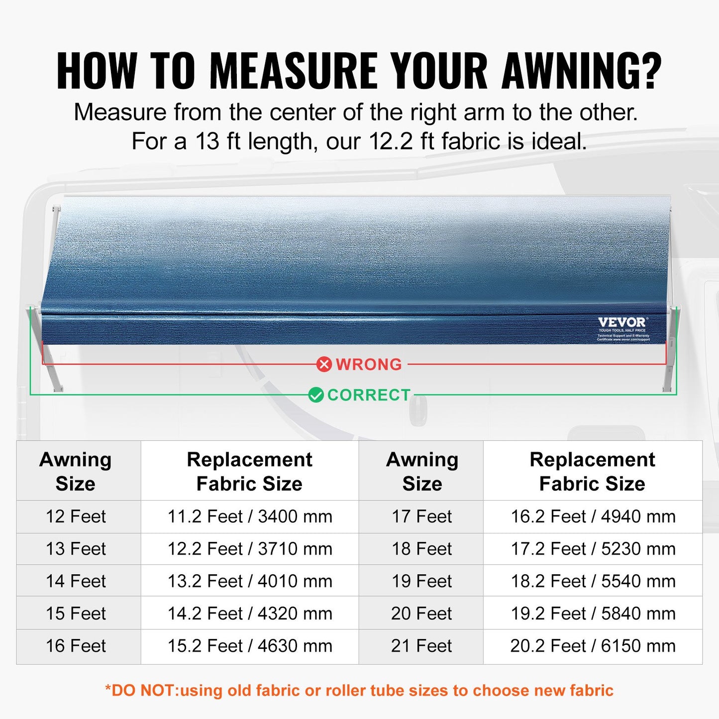 RV Awning Fabric Replacement, 3.72m Fabric Length for 3.96mAwning, Heavy Duty 3-Ply 16oz PVC Camper Awning Fabric, Waterproof & UV Protection Outdoor Canopy for RV, Trailer, Motorhome, Blue Fade
