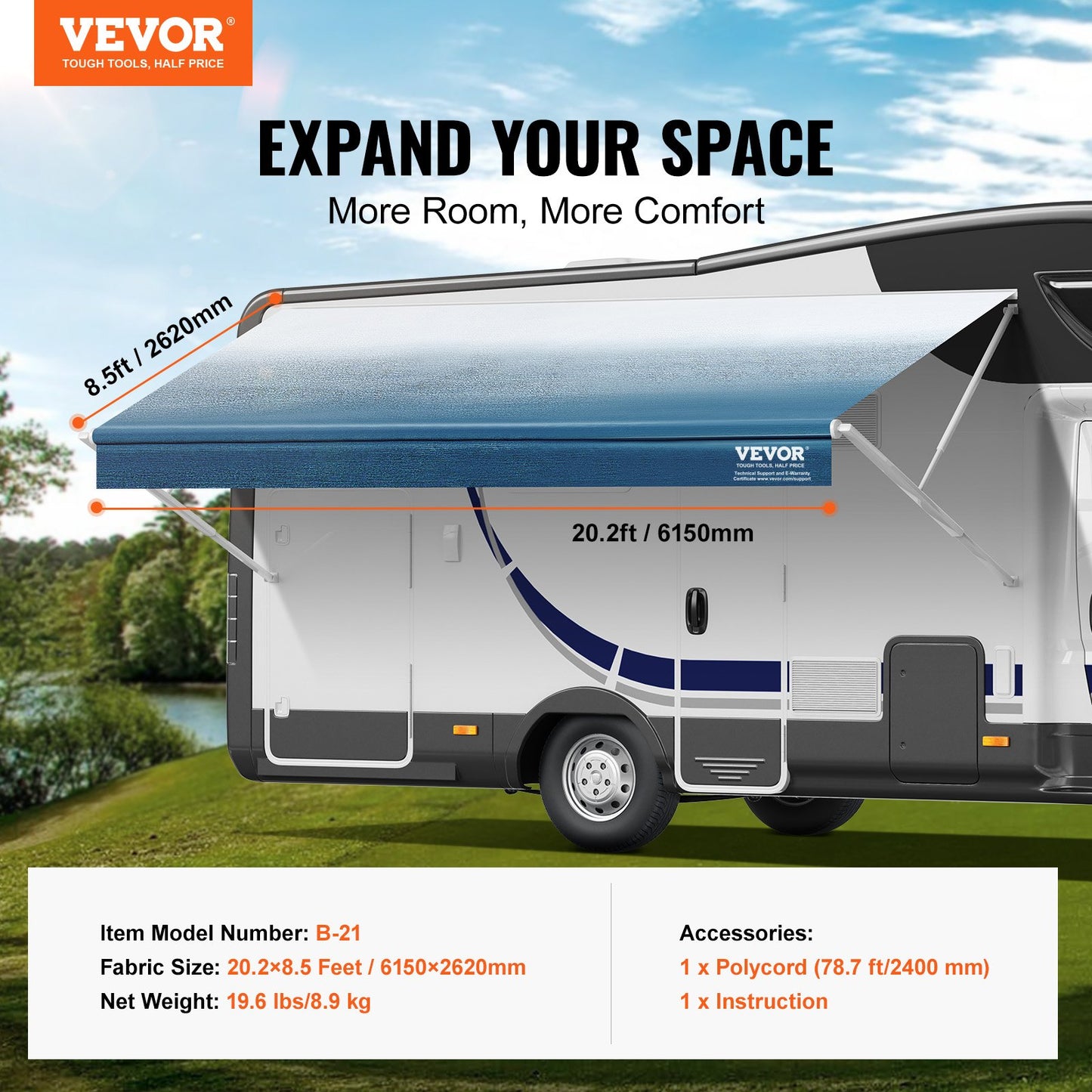 RV Awning Fabric Replacement, 6.15m Fabric Length for 6.4m Awning, Heavy Duty 3-Ply 16oz PVC Camper Awning Fabric, Waterproof & UV Protection Outdoor Canopy for RV, Trailer, Motorhome, Blue Fade