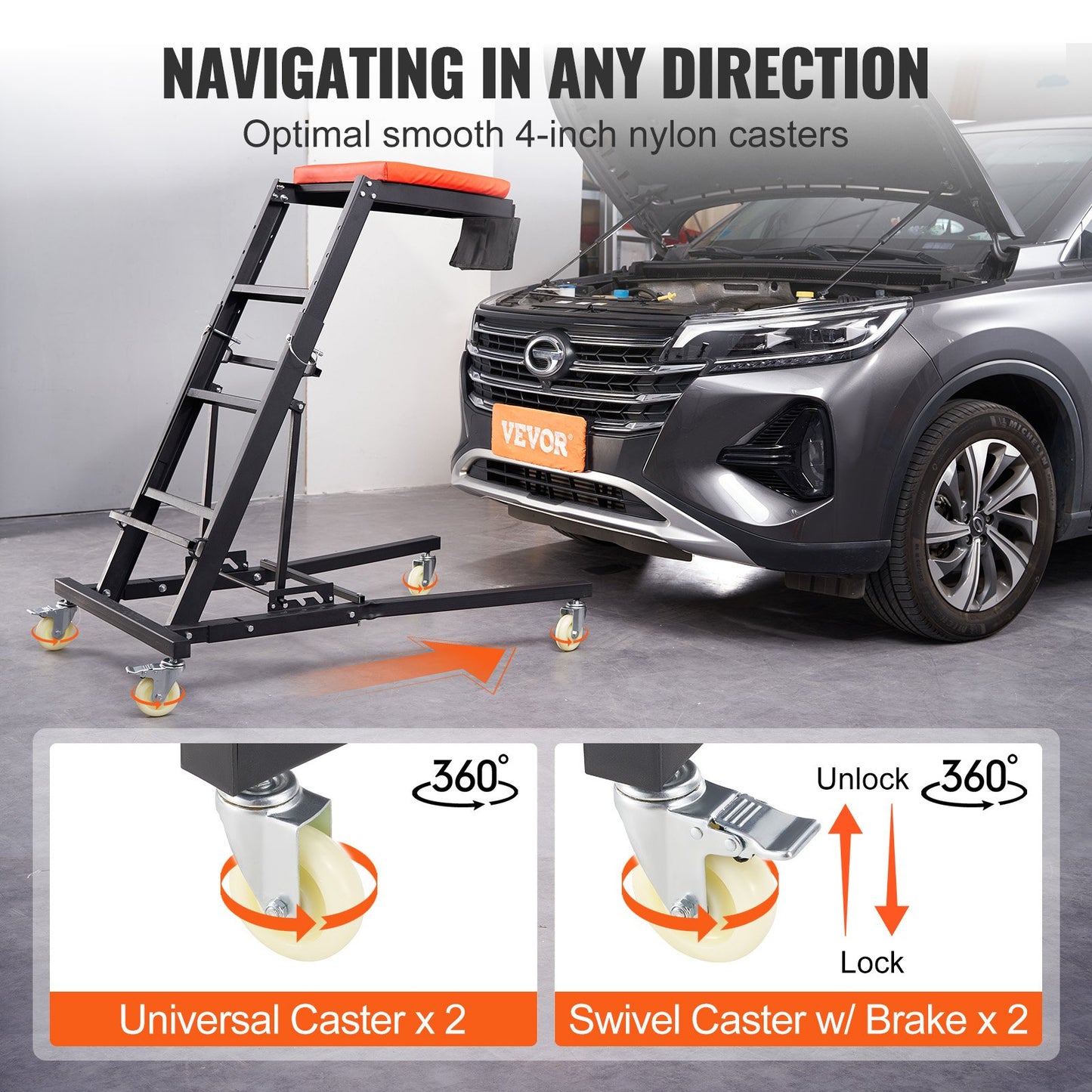 VEVOR Automotive Topside Creeper, with Adjustable Height 48" to 76", 181.44KGS Capacity High Creeper, 4 Swivel Caster Wheels, Heavy Duty Foldable Creeper for Auto Repair and Maintenance