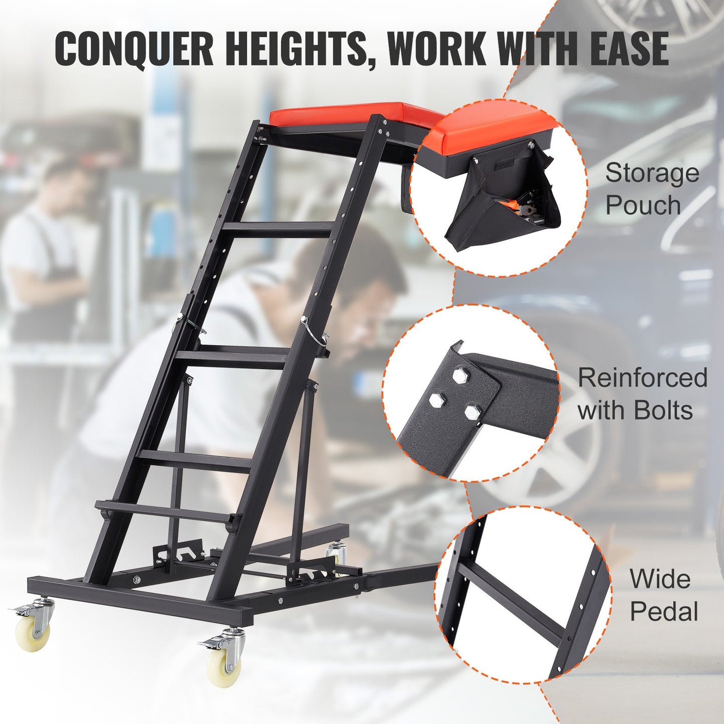 VEVOR Automotive Topside Creeper, with Adjustable Height 48" to 76", 181.44KGS Capacity High Creeper, 4 Swivel Caster Wheels, Heavy Duty Foldable Creeper for Auto Repair and Maintenance