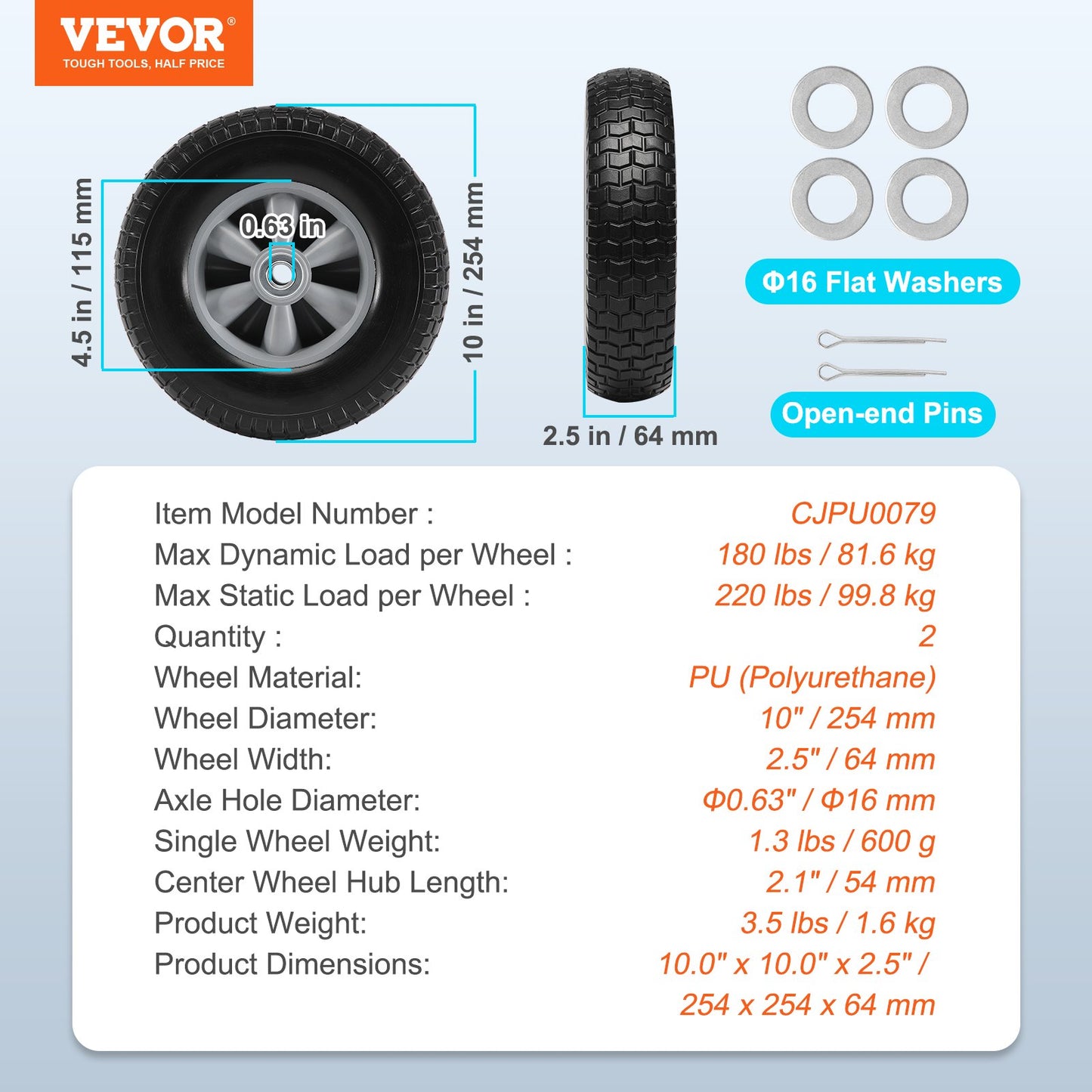 VEVOR Solid PU Run-Flat Tire Wheel, 254 mm, 2-Pack, 81.6 kg Dynamic Load, 99.8 kg Static Load, Flat Free Tubeless Tires and Wheels for Hand Truck, Utility Cart, Dollies, Garden Trailers, Various Carts