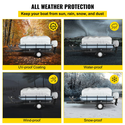 VEVOR Pontoon Boat Cover, Fit for 17\'-20\' Boat, Heavy Duty 600D Marine Grade Oxford Fabric, UV Resistant Waterproof Trailerable Boat Cover with 2 Support Poles and 7 Wind-Proof Straps, Gray