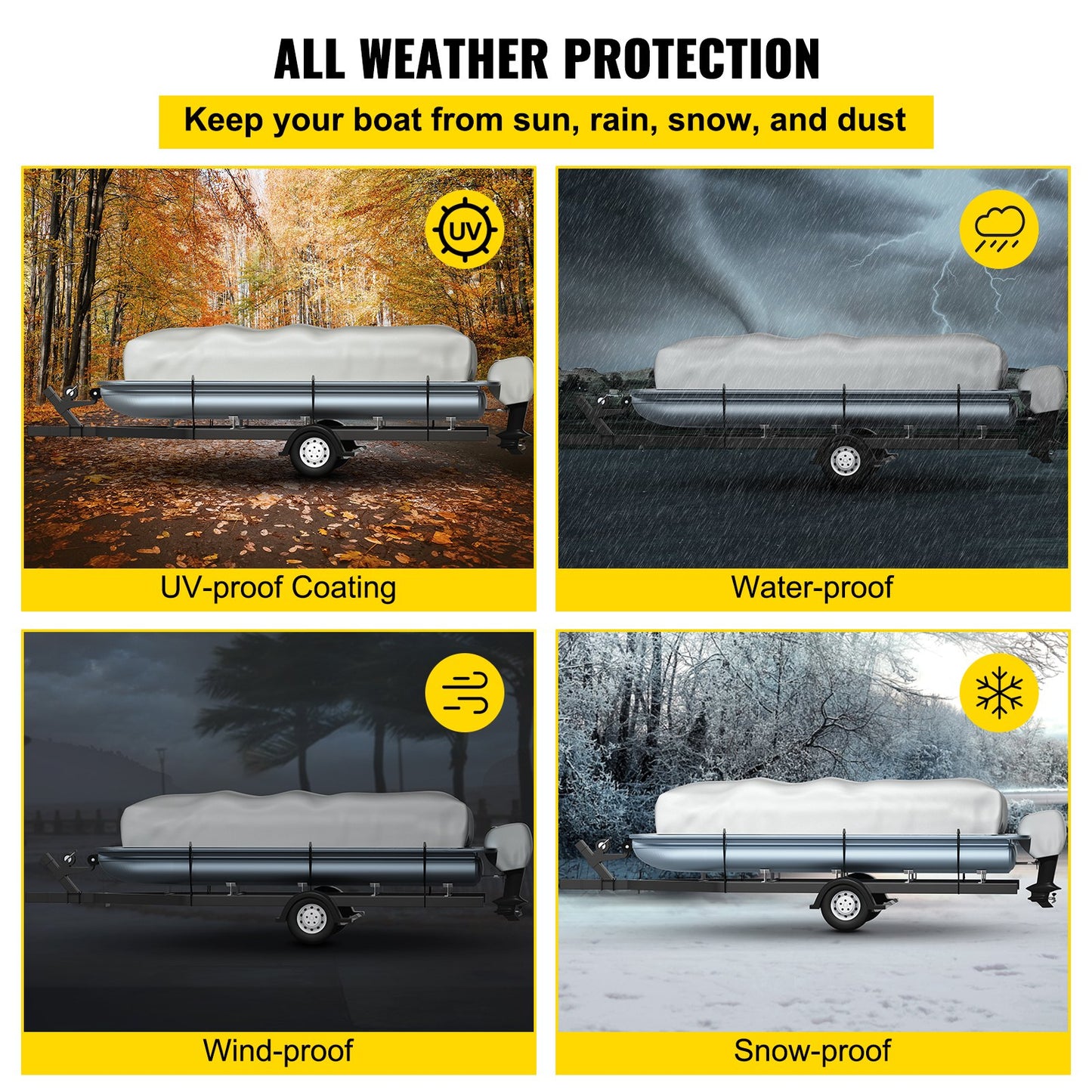 VEVOR Pontoon Boat Cover, Fit for 25\'-28\' Boat, Heavy Duty 600D Marine Grade Oxford Fabric, UV Resistant Waterproof Trailerable Boat Cover with 2 Support Poles and 7 Wind-Proof Straps, Gray