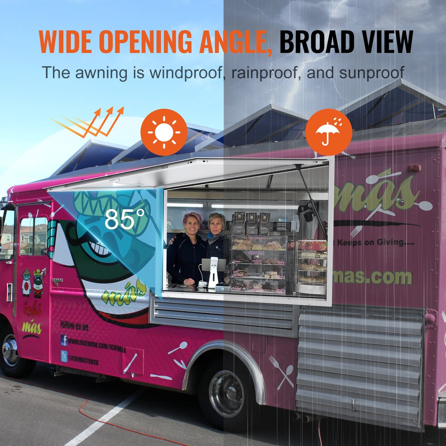 Concession Window 91x91cm, Aluminum Alloy Food Truck Service Window with Awning Door & Drag Hook, Up to 85 Degrees Stand Serving Window for Food Trucks Concession Trailers, Glass Not Included
