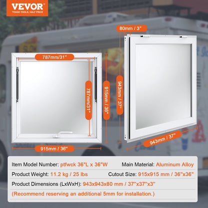 Concession Window 91x91cm, Aluminum Alloy Food Truck Service Window with Awning Door & Drag Hook, Up to 85 Degrees Stand Serving Window for Food Trucks Concession Trailers, Glass Not Included