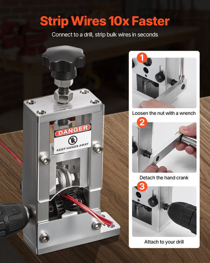 VEVOR Manual Wire Stripping Machine, 1.5-25 mm, Copper Stripper with Hand Crank or Drill Powered, 64Mn Quenched Blades, 45# Steel Rollers, Aluminum Alloy Frame Wire Peeler, for Scrap Copper Recycling
