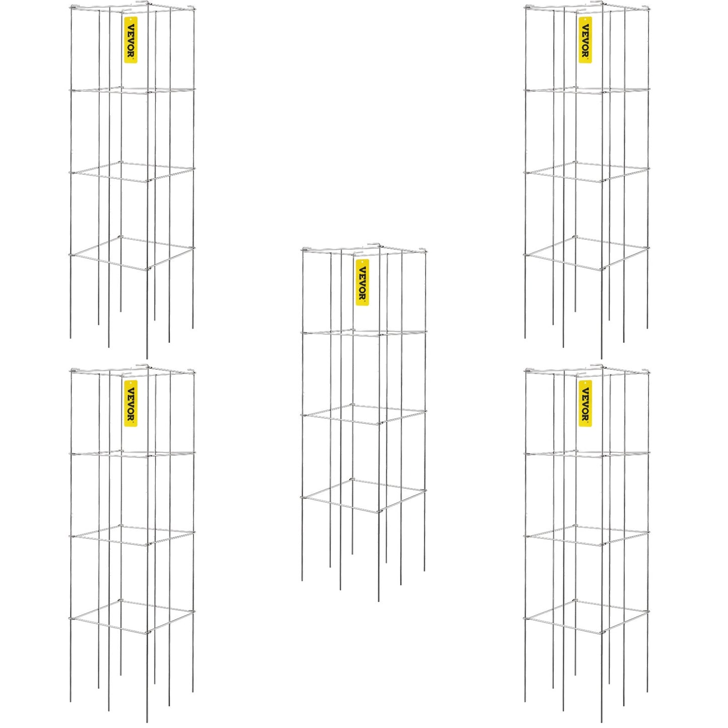 VEVOR Tomato Cages, 30 x 30 x 117 cm, 5 Packs Square Plant Support Cages, Silver PVC-Coated Steel Tomato Towers for Climbing Vegetables, Plants, Flowers, Fruits