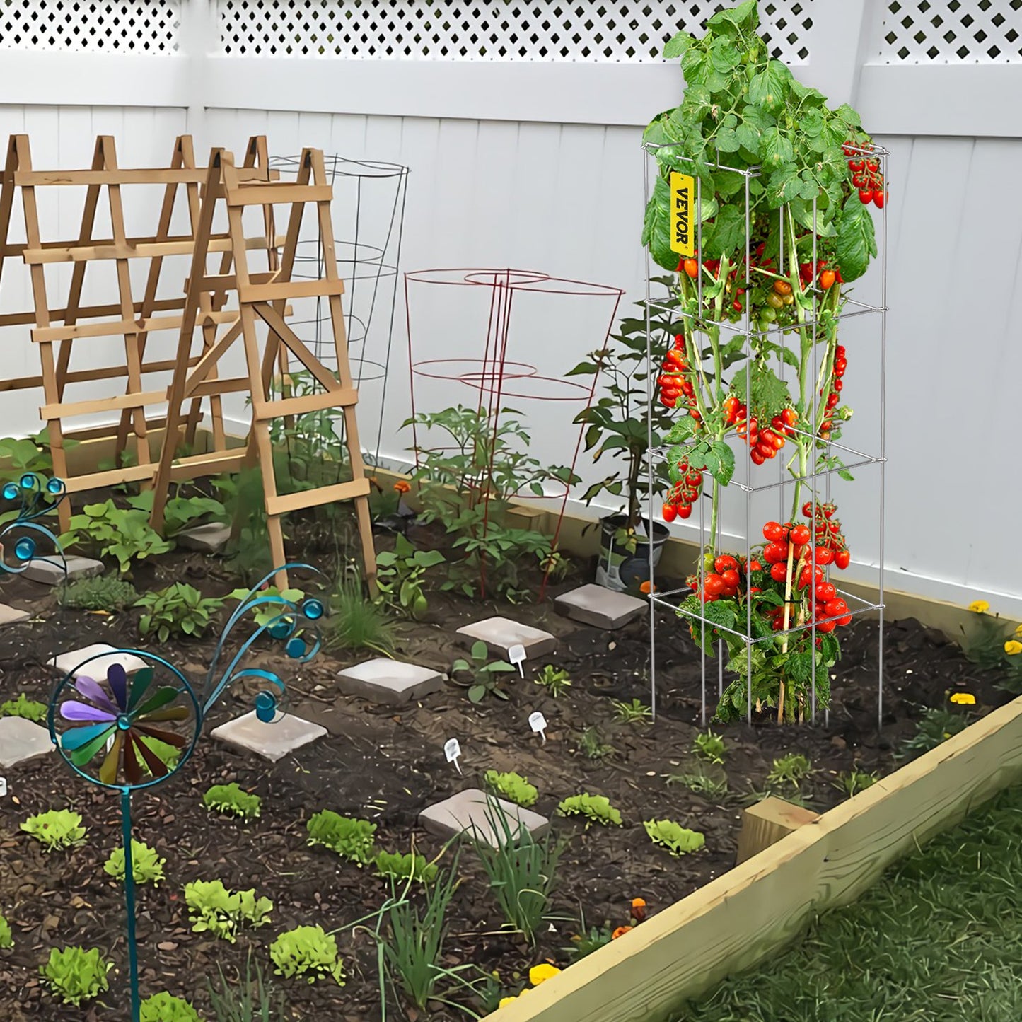 VEVOR Tomato Cages, 30 x 30 x 117 cm, 5 Packs Square Plant Support Cages, Silver PVC-Coated Steel Tomato Towers for Climbing Vegetables, Plants, Flowers, Fruits