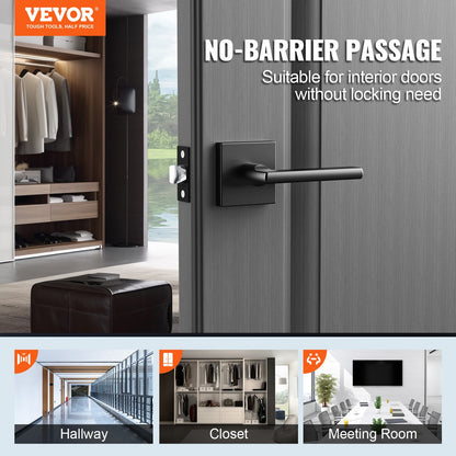 VEVOR Passage Door Handle, 1 Pack Matte Black Door Lever, Left or Right Handing Reversible Lever Non-Locking, Rotation to Open, Square Interior Door Handles for Hallways, Closets, Meeting Spaces