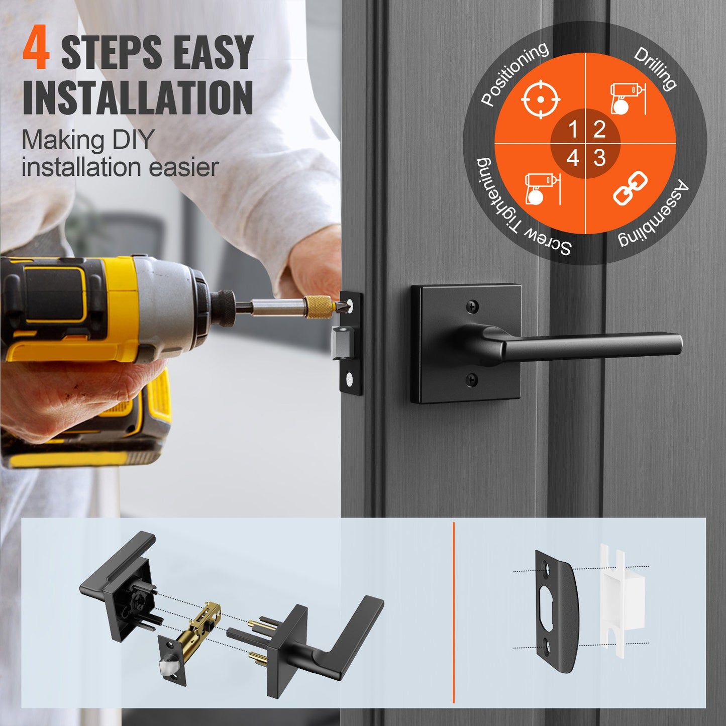 VEVOR Passage Door Handle, 1 Pack Matte Black Door Lever, Left or Right Handing Reversible Lever Non-Locking, Rotation to Open, Square Interior Door Handles for Hallways, Closets, Meeting Spaces