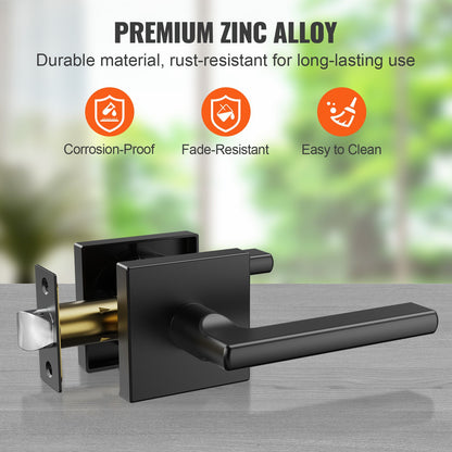 VEVOR Passage Door Handle, 1 Pack Matte Black Door Lever, Left or Right Handing Reversible Lever Non-Locking, Rotation to Open, Square Interior Door Handles for Hallways, Closets, Meeting Spaces