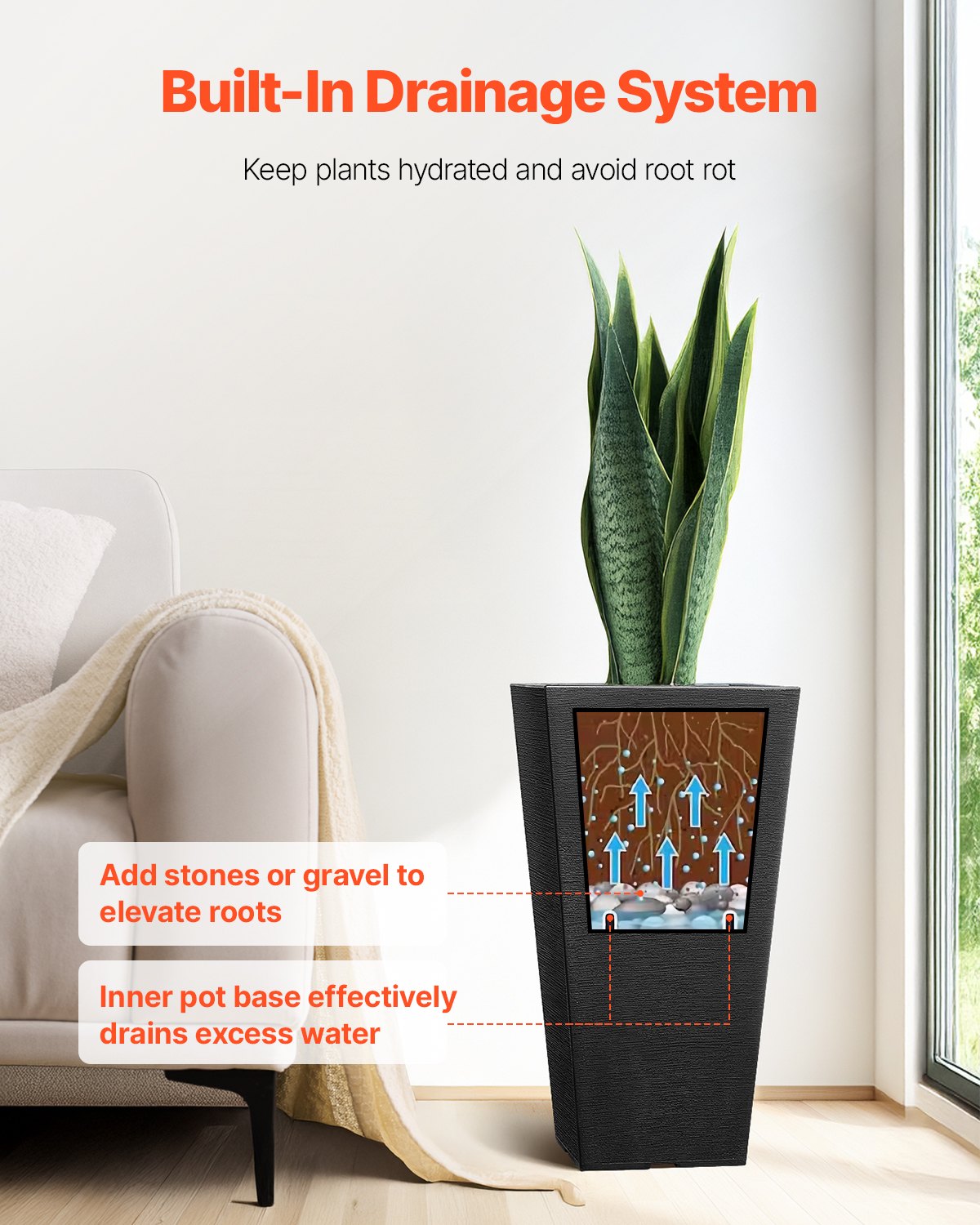 Tall Planter, Set of 2 Tall Square Tapered Planters, 57 cm Large Modern Gardening and Flower Plastic Pots, Decorative Tall Black Planter with Drainage Hole, for Porch, Patio, Indoor & Outdoor