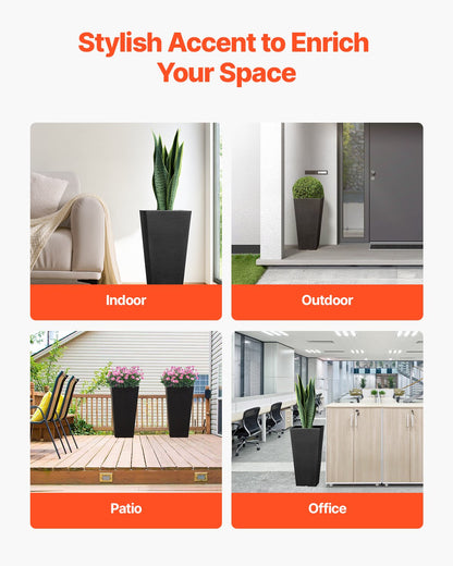 Tall Planter, Set of 2 Tall Square Tapered Planters, 57 cm Large Modern Gardening and Flower Plastic Pots, Decorative Tall Black Planter with Drainage Hole, for Porch, Patio, Indoor & Outdoor