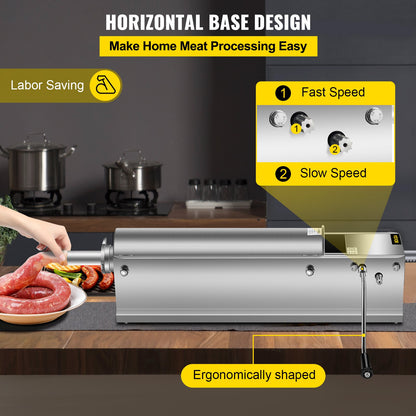 VEVOR Manual Sausage Stuffer, 7 L / 15 LBS Horizontal Sausage Machine, Dual-Speed Meat Stuffer, Made of Food-Grade 304 Stainless Steel, Includes 5 Stuffing Tubes, for Home Kitchen Restaurant Commercia