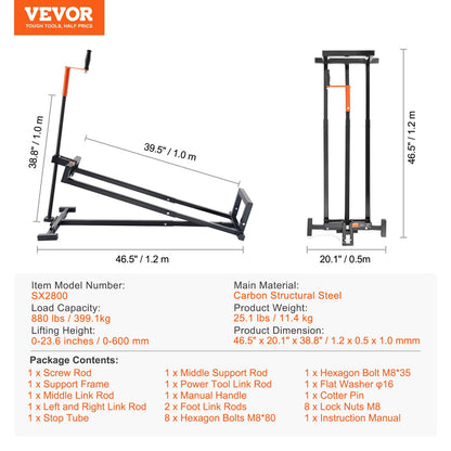 VEVOR Ride on Lawn Mower Lift Jack, 880 Lbs Weight Capacity, Telescopic Maintenance Jack with Crank Handle & Power Tool Handle, Foldable Lawn Tractor Lifter for Lawn Mowers and Garden Tractors, Black