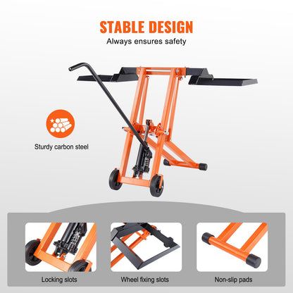 VEVOR Lawn Mower Lift with Hydraulic Jack, 500 Lbs Weight Capacity, Solid Carbon Steel Lawn Mower Lift, Adjustable Movable Lawn Lifter for Riding Tractors and Zero Turn Lawn Mowers, Orange