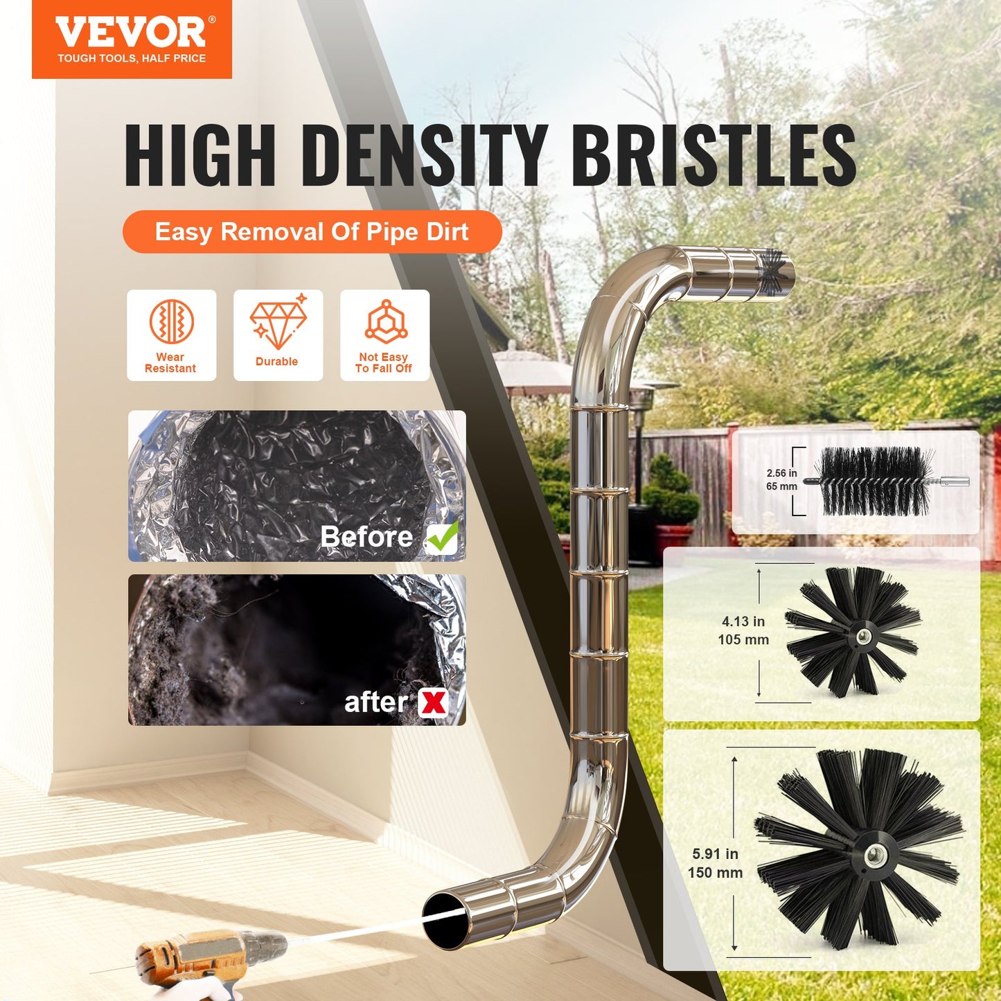 VEVOR 29 Pieces 12.2M Dryer Vent Cleaner Kit, Include 3 Different Sizes Flexible Lint Trap Brush, Reinforced Nylon Duct Cleaning Dryer Vent Brush, Dryer Cleaning Kit with Clamp Connectors