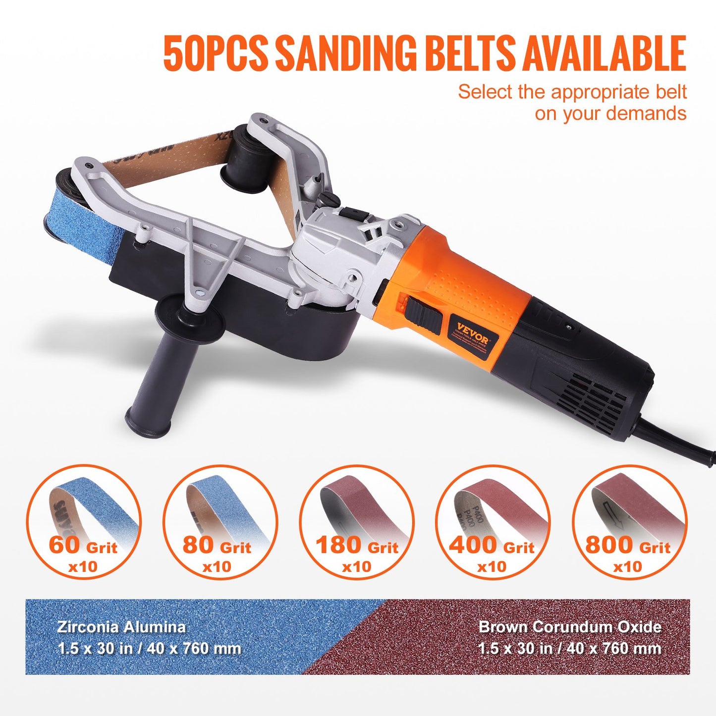 VEVOR Pipe Tube Polisher Sander, 1300W Pipe Belt Sander with 6 Variable Speeds 1100-3200rpm, Professional Belt Sander Grinding Machine with 50PCS Sanding Belts for Burnishing Finishing Rust Removal