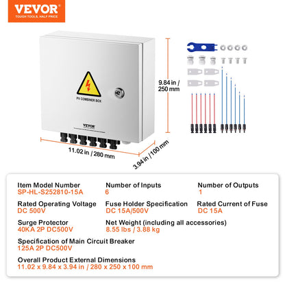 VEVOR Solar PV Combiner Box 6 String 15A for Solar Panel System Steel Case IP65