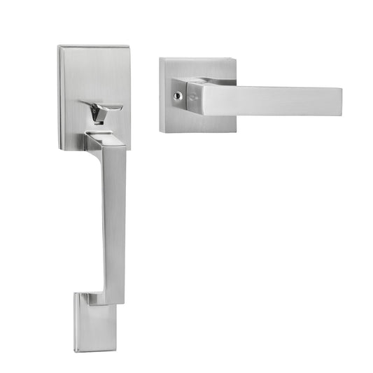 VEVOR Entry Door Handle, Satin Nickel Square Handle Set with Lever Door Handle No Lock, Adjustable Hole Space, Front Door Handle with Reversible for Right and Left Handed Entrance and Front Door