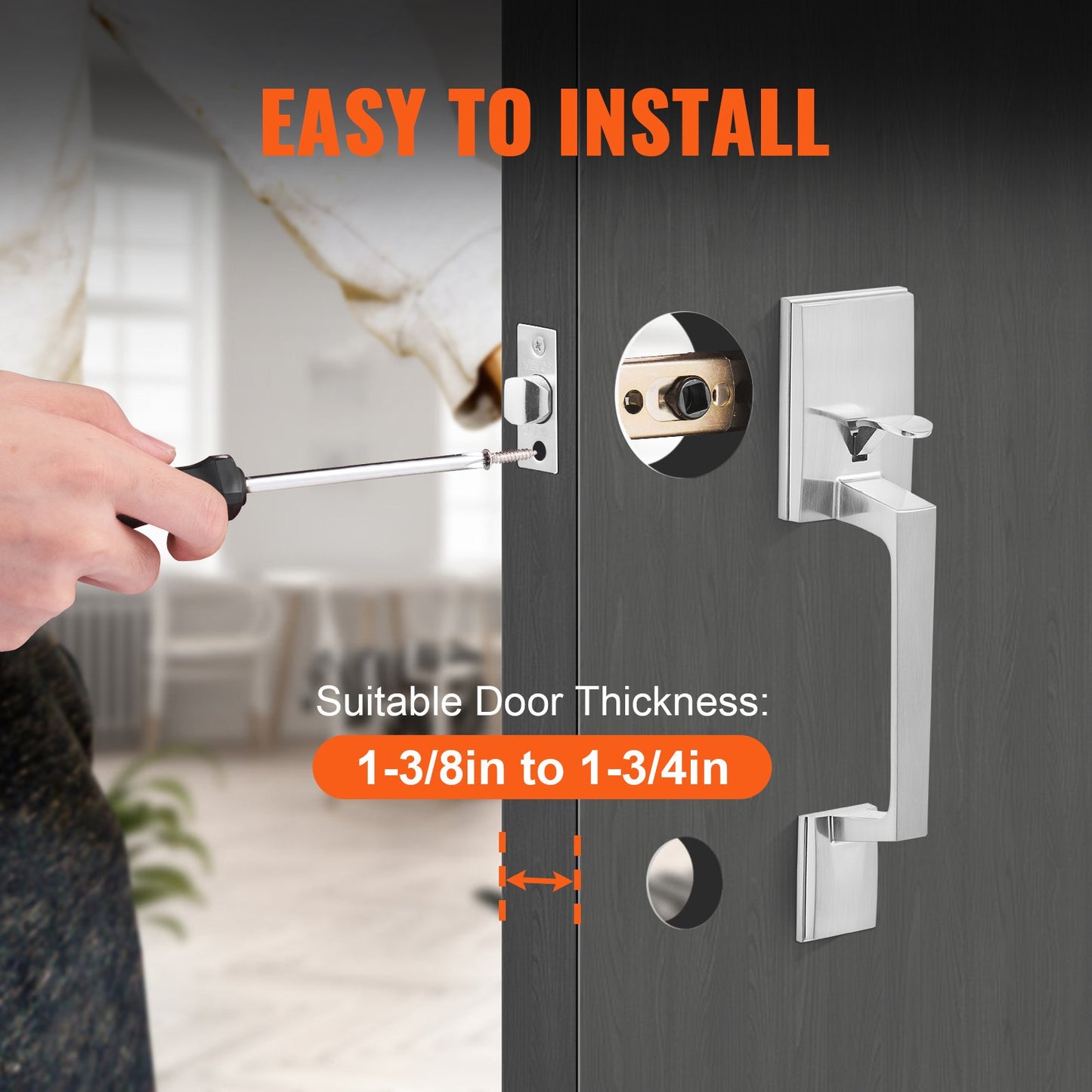 VEVOR Entry Door Handle, Satin Nickel Square Handle Set with Lever Door Handle No Lock, Adjustable Hole Space, Front Door Handle with Reversible for Right and Left Handed Entrance and Front Door